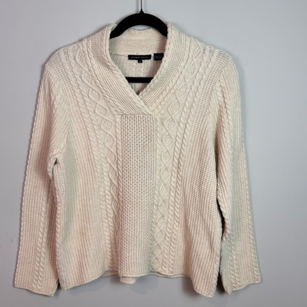 Jeanne Pierre Womens Beige Cable Knit 100% Cotton Shawl Neck Pullover Sweater Lg